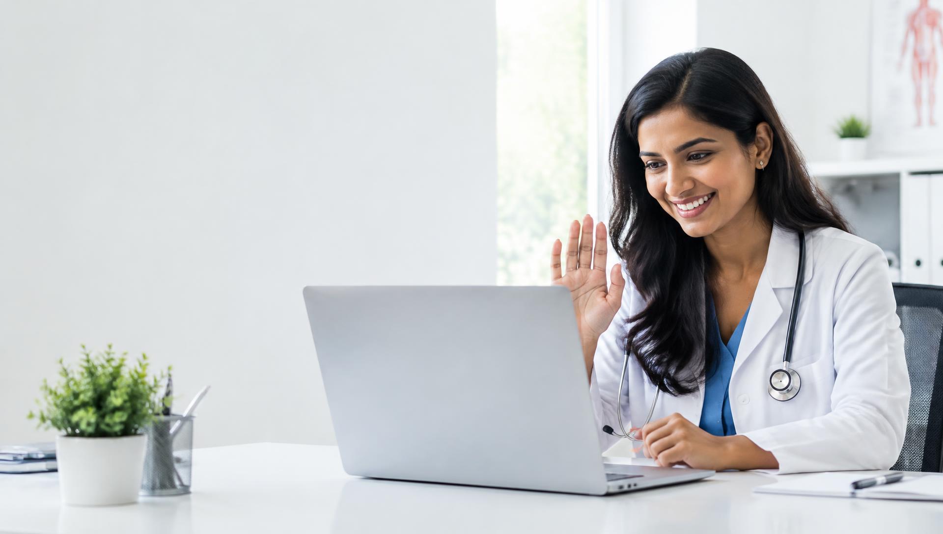 A doctor smiling on a video call with a patient